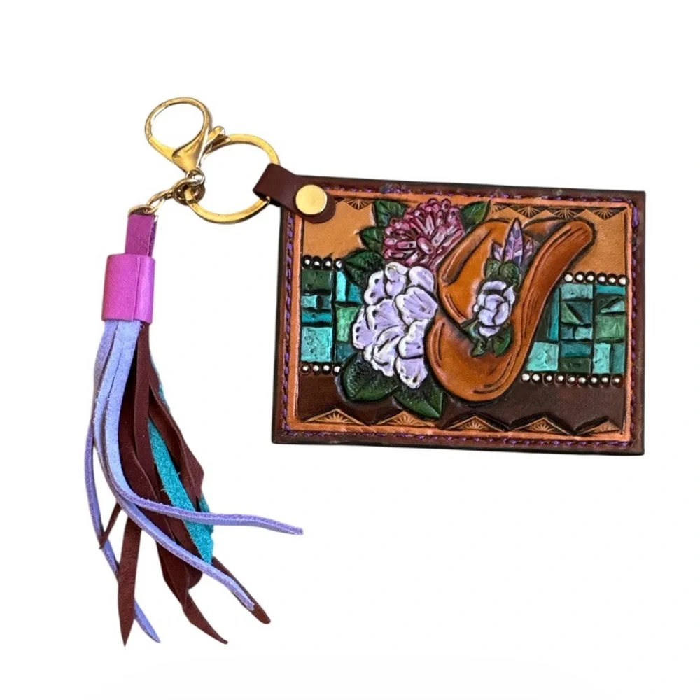 Artisan Handmade Western Southwest Leather Card Holder Cowgirl Keychain Wallet